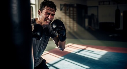 Determined boxer training hard on punching bag in gym
