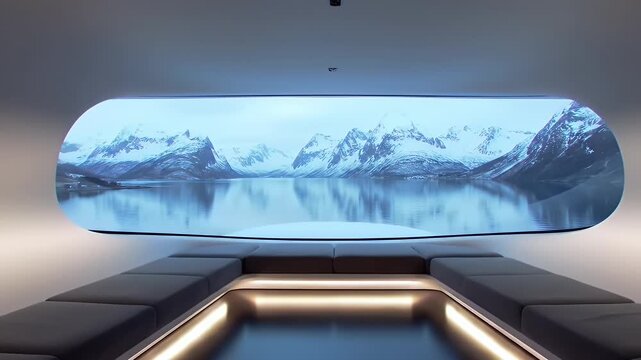 Minimalist Interior Design with Mountain Lake Scenery Seen Through a Panoramic Window