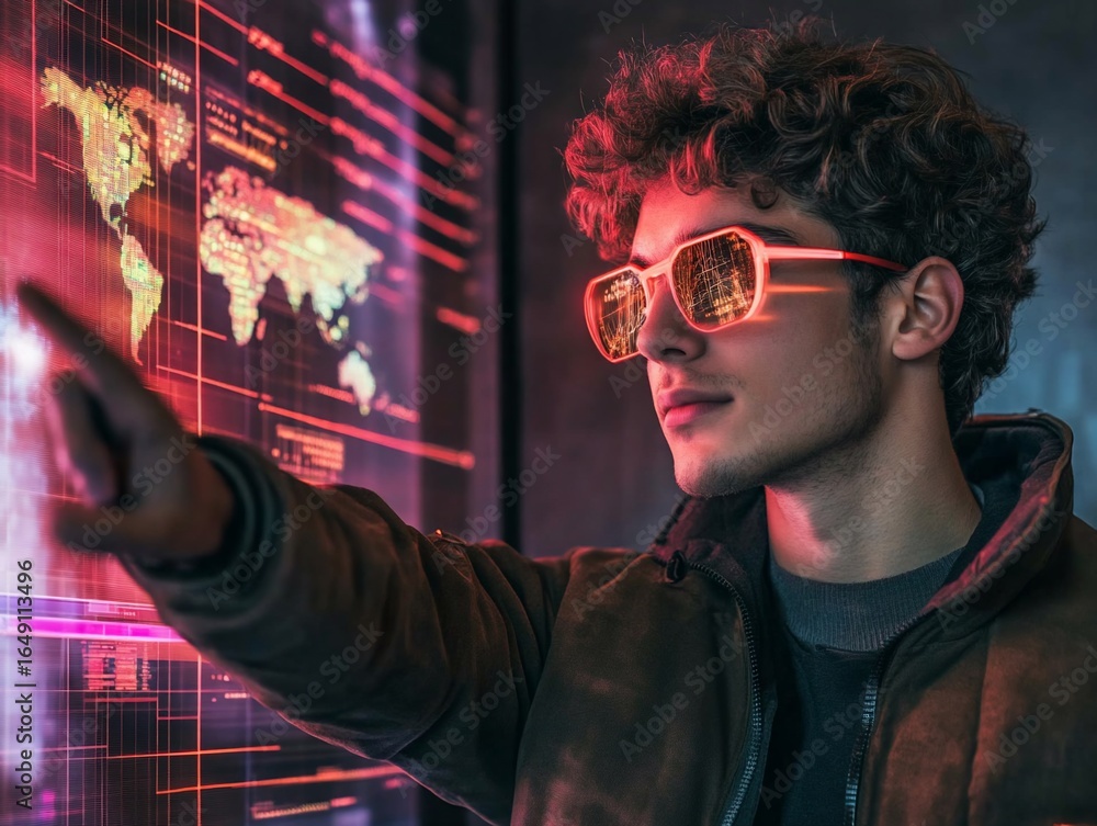 Poster futuristic interaction: young man interacting with global data visualizations