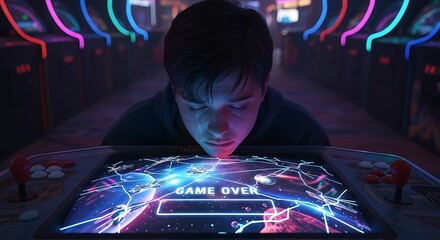Young man intensely focused on a glowing arcade game screen displaying game over