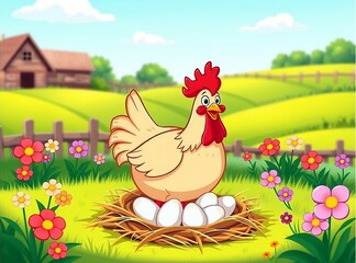 hen on eggs, drawing. hen with open beak sits on hay with eggs in the countryside