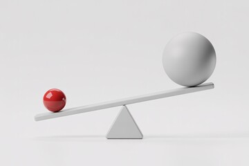Red small ball vs large white sphere on seesaw, imbalance, risk and reward, inequality, decision concept.