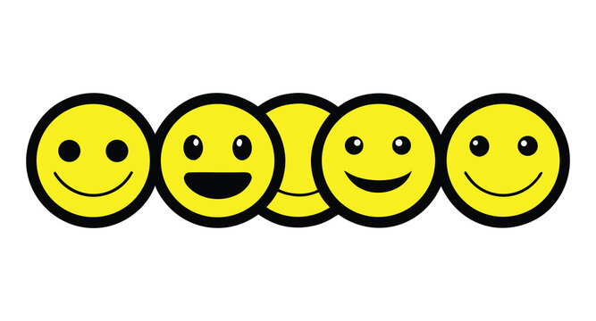 Row of Five Yellow Smiley Faces with Different Grinning Expressions smiling happy