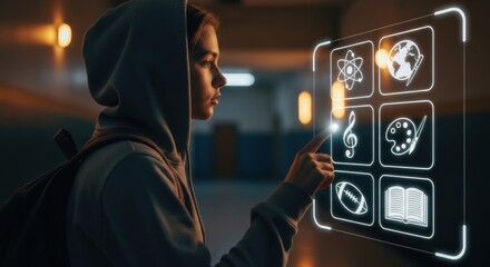 Young woman with backpack touching a holographic screen with school subjects icons in a dark classroom setting.