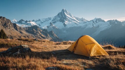 A vibrant image showcases a solitary camping tent nestled amidst a rugged, mountainous landscape