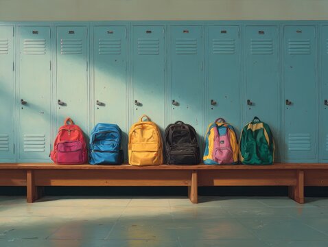 Mochilas coloridas organizadas frente a taquillas en un ambiente escolar cl&aacute;sico