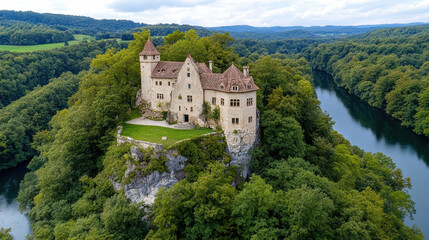 Naklejka premium Medieval castle fortress surrounded by lush forest and river, showcasing stunning architecture