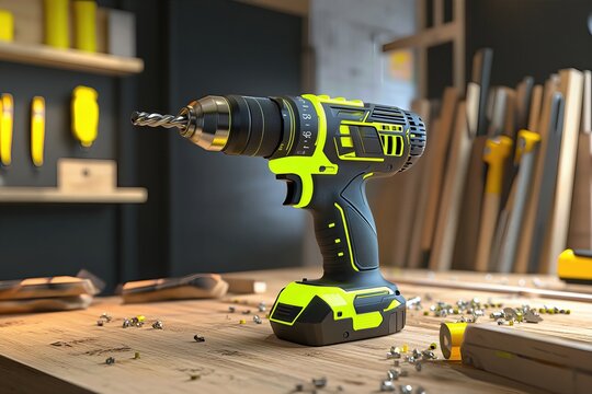 green and black cordless drill sits on a wooden workbench in a workshop. Various tools and materials surround it.