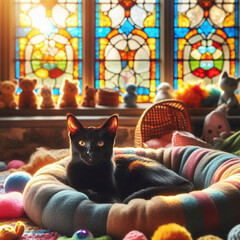A black cat with faint bat-wing markings resting in a velvet-lined coffin pet bed, an IV bag of 'Blood Type Tuna' dripping beside it. Gothic cathedral windows cast stained-glass shadows across its fra