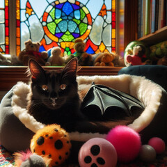 A black cat with faint bat-wing markings resting in a velvet-lined coffin pet bed, an IV bag of 'Blood Type Tuna' dripping beside it. Gothic cathedral windows cast stained-glass shadows across its fra
