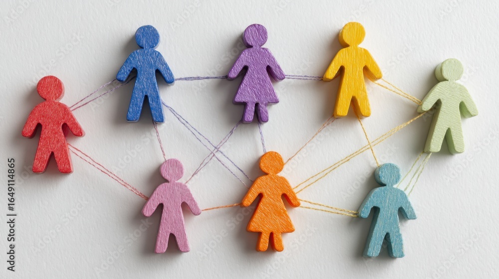 Poster a diverse group of colorful figurines connected by lines, symbolizing teamwork and collaboration in 