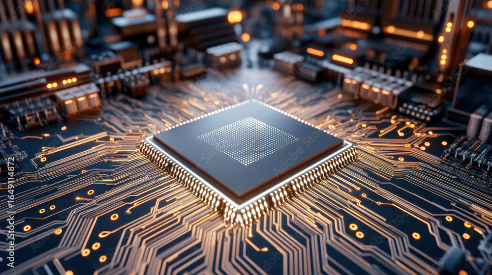 Poster high tech microprocessor surrounded by intricate circuitry and glowing connections