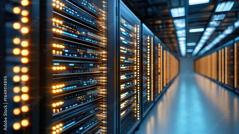 Poster high tech data center with illuminated server racks and advanced technology