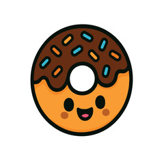 Cute cartoon chocolate donut doodle with colorful sprinkles and a smiling face. Fun and playful vector illustration perfect for kids’ designs, stickers, greeting cards, or food-themed projects.
