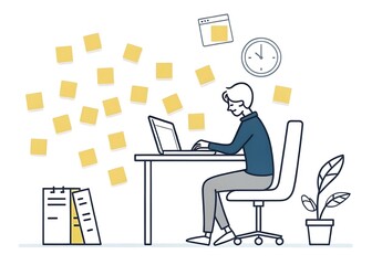 Minimal flat illustration of a person sitting at a desk