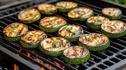Grilled zucchini slices with charred edges, garnished with fresh herbs, create delicious outdoor