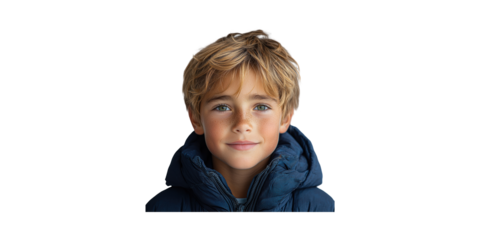 Young Boy In Blue Jacket Smiling. Portrait Of Childhood Innocence And Warmth Isolated On Transparent Background