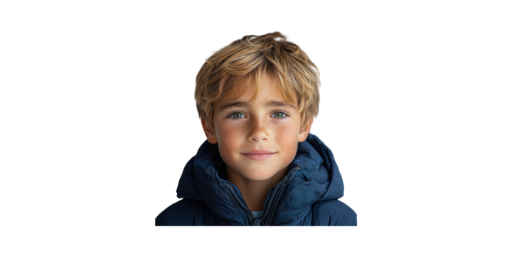 Young Boy In Blue Jacket Smiling. Portrait Of Childhood Innocence And Warmth Isolated On Transparent Background