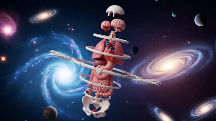 Detailed 3d human anatomy model rotating in cosmic space with galactic background for education. - Powered by Adobe