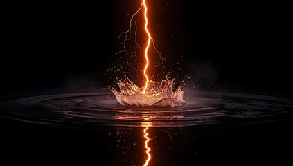 Red lightning shot into the water's surface, the impact creating slight circular ripples and faint mist, giving the impression of slow movement.