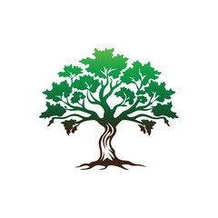 Stylized Green and Brown Tree with Roots and Leaves on White Background 