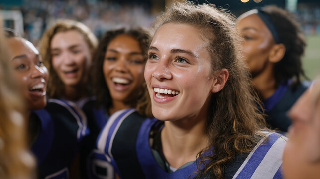 Celebratory sports team huddle after victory on the field