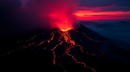 Fototapeta premium The volcano erupted with intense black paint, flowing lava and smoke.