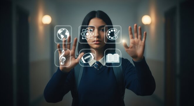 Young hispanic woman in school uniform choosing virtual subject icons for digital education in an innovative learning concept.