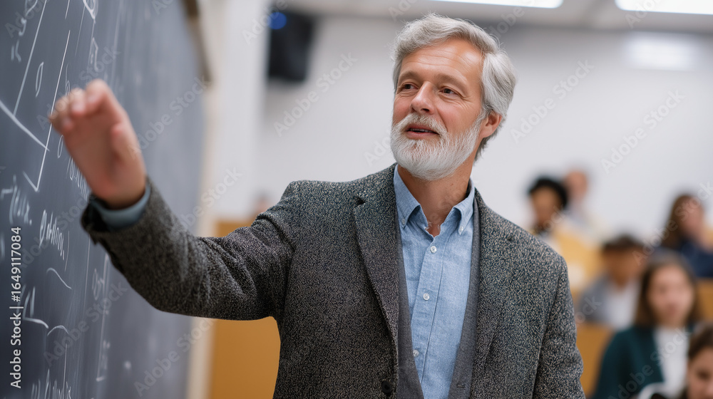 Poster a confident professor teaching complex mathematics in a lecture hall