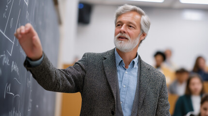 A confident professor teaching complex mathematics in a lecture hall
