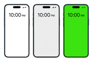 Modern Smartphone Trio Displaying 10:00 PM – Flat UI Mockup with White, Gray, and Green Screens