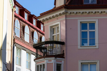 Building exterior view with balcony in Tallinn, Estonia.