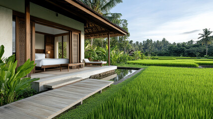 Luxurious village house surrounded by lush rice paddies, offering serene views and tranquility
