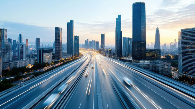 Urban skyline with modern buildings and busy highway at dusk, showcasing vibrant city life