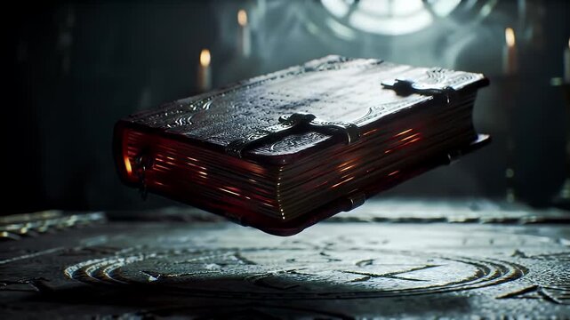 Mysterious Ancient Leather Bound Book with Ornate Metal Clasps in Dark Setting