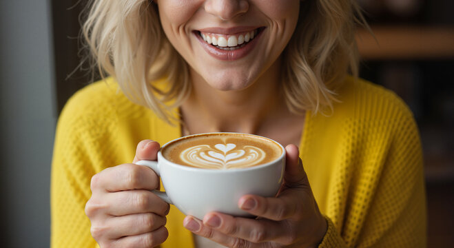Close-up of smiling young blonde woman holding cappuccino coffee mug. Morning coffee ritual is perfect for National Coffee Day.
