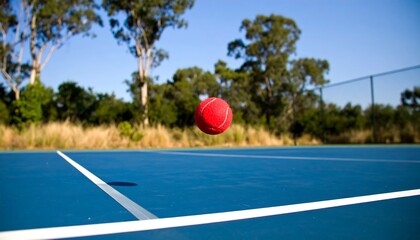 Red Tennis Ball Suspended Above Blue Court