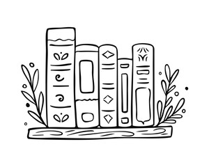 Bookshelf with different book spines. Books in a row. Vector illustration in doodle style. Isolated on white background