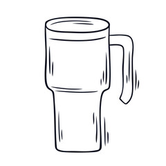 Thermos mug, reusable cup. Travel cup for coffee or tea, hot drinks with handle and lid, isolated thermos mug for takeaway drinks. Vector illustration in doodle style