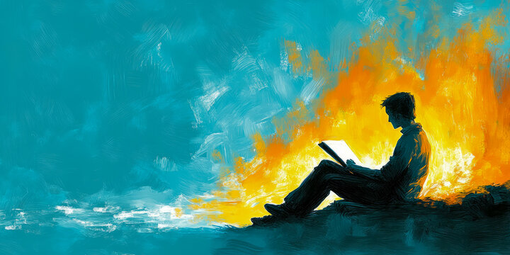 Dramatic digital painting of solitary silhouette deeply engrossed in book, its radiant pages casting warm light against vibrant backdrop of cool teal and fiery orange expressive brushstrokes, symboliz