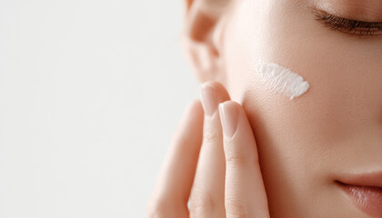 Naklejka premium Close up of woman applying face cream for glowing skin