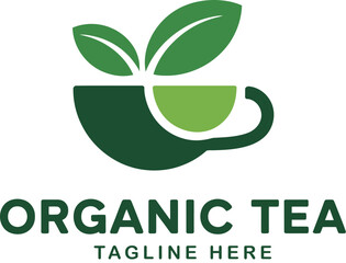 Organic Tea logo with green cup and leaf design—bold green text and customizable tagline for natural beverage branding