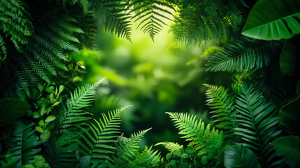 Lush Vibrant Green Ferns and Tropical Foliage Framing Sun-Dappled Forest Clearing, Capturing Nature's Serene Beauty and Rich Biodiversity