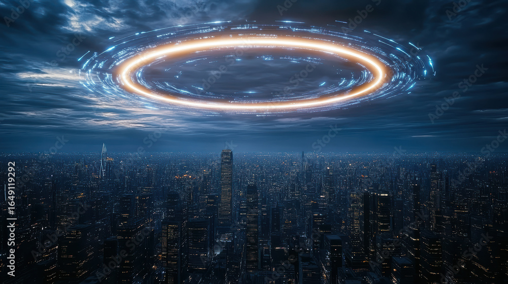 Poster futuristic city skyline with glowing circular structure hovering above, creating sense of wonder