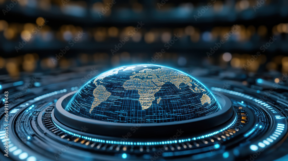 Poster futuristic globe displaying digital data and global connectivity, symbolizing advanced