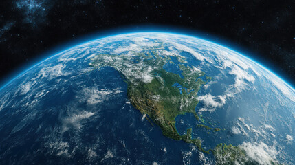 Earth view from space, showcasing North America and vibrant clouds, evokes sense of wonder
