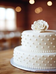 Fototapeta premium A beautifully decorated two-tiered white cake adorned with a delicate rose, set against a warm, softly lit background.