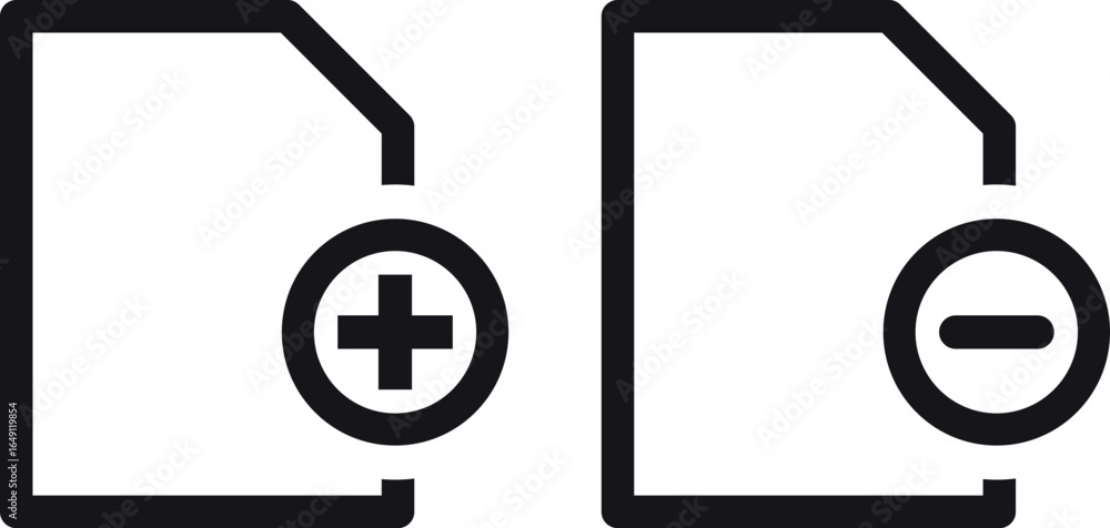Poster add and delete file icon set isolated on white background . add and remove document icons . vector i