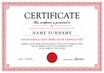 Certificate, Diploma of completion (design template, white background) with Frame, Border, light Guilloche pattern (premium red)