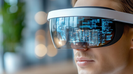 Augmented reality glasses display futuristic cityscape with vibrant digital elements